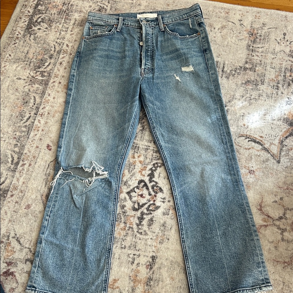 MOTHER WoMen's Straight Jeans in Distressed Blue